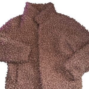 Angie Pink Rose Curley Faux Sherpa Hook & Eye closure jacket w/ pockets SZ L EUC